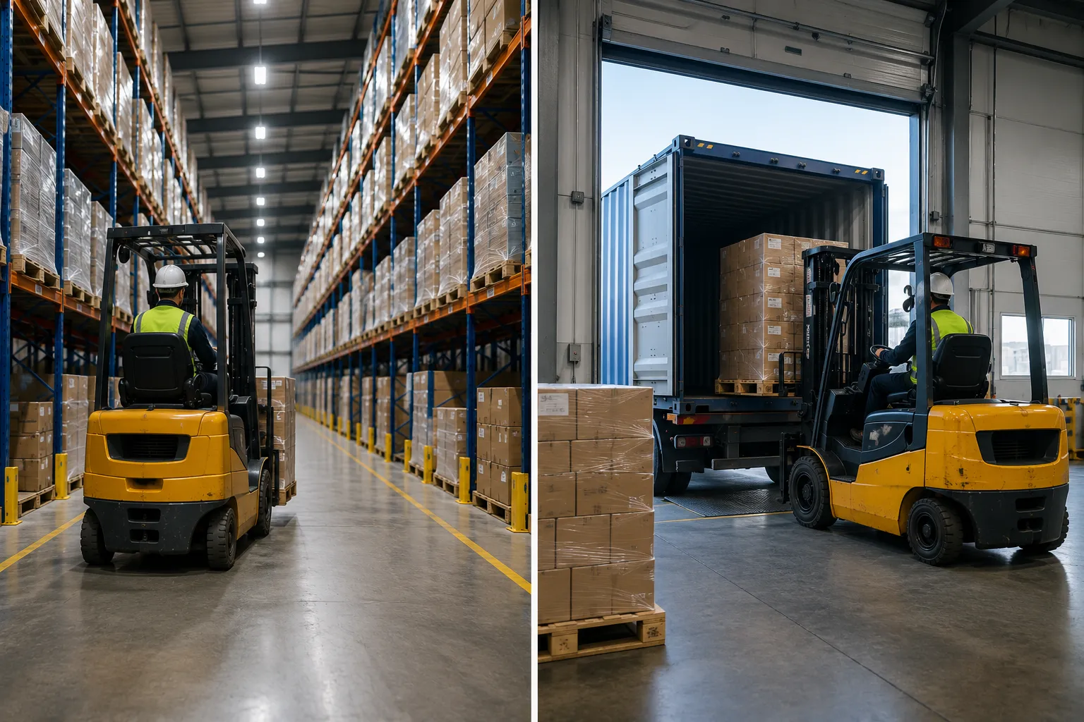 Forklift unloading palletised goods from a container inside a modern logistics distribution warehouse