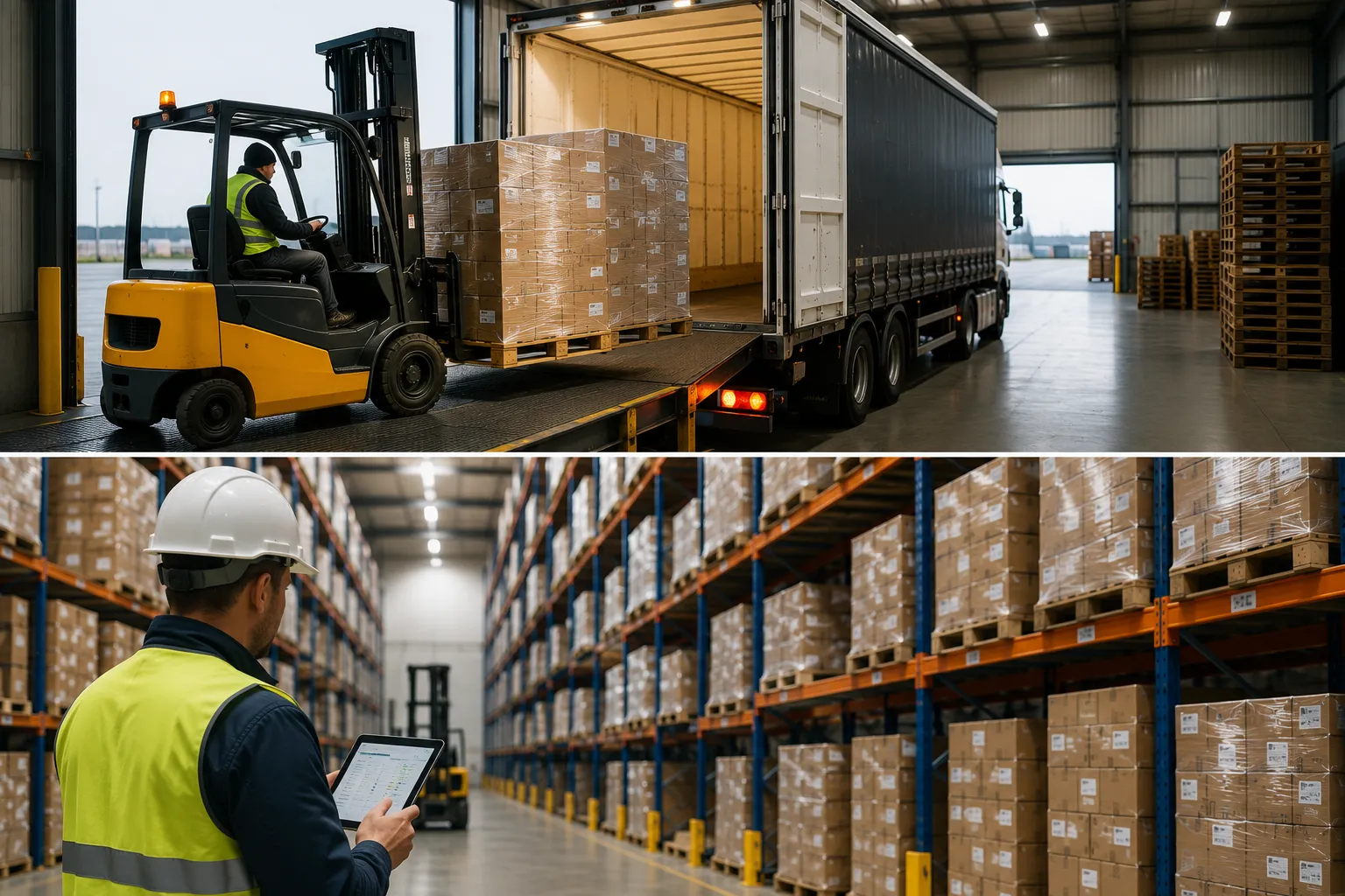 Modern warehouse storage facility in Ireland with forklift transporting palletised goods through high-capacity racking