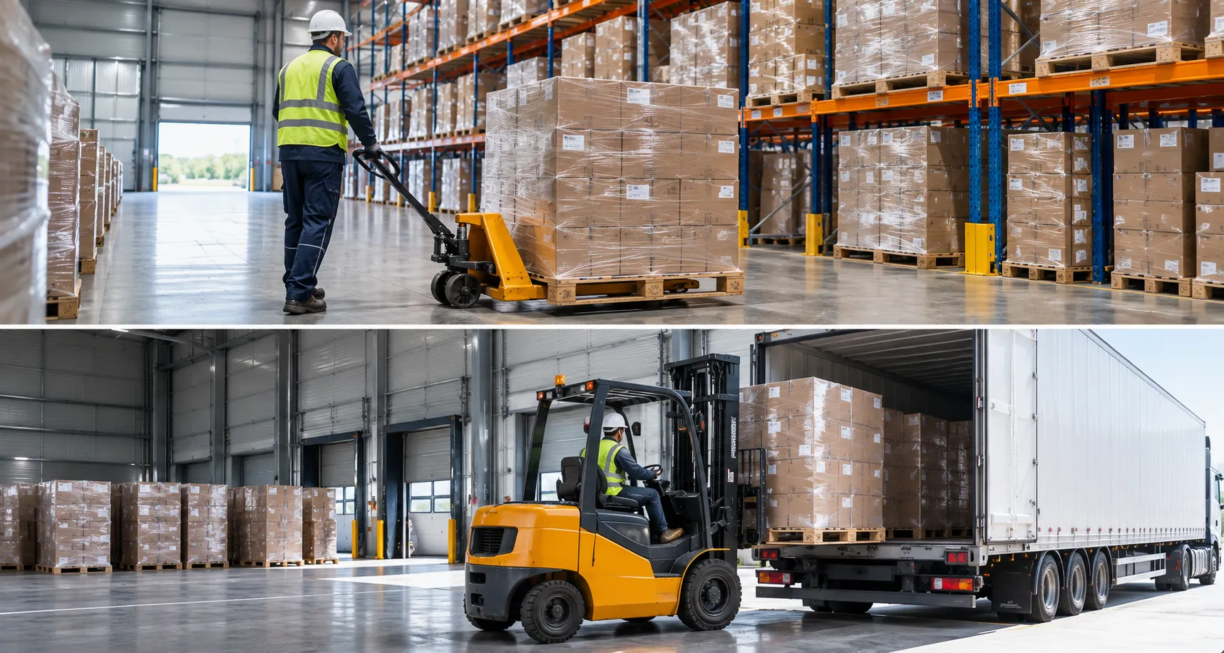 Forklift moving palletised stock inside a secure warehouse with high-bay storage racks and organised inventory